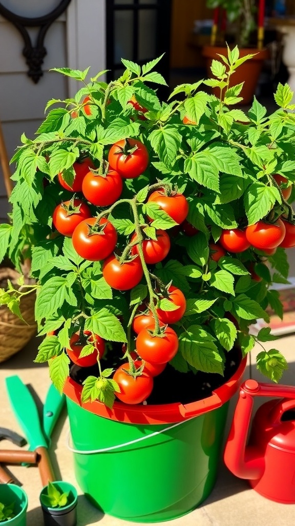 A 5-gallon bucket with thriving tomato plants and ripe tomatoes on a sunny patio.